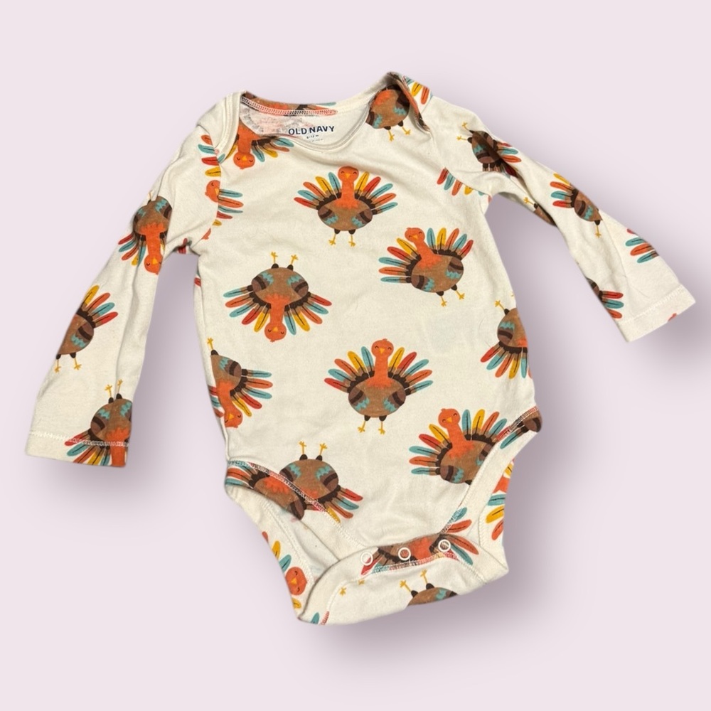 Old Navy Baby Turkey Print Long Sleeve Onesie - Size 6-12 Months